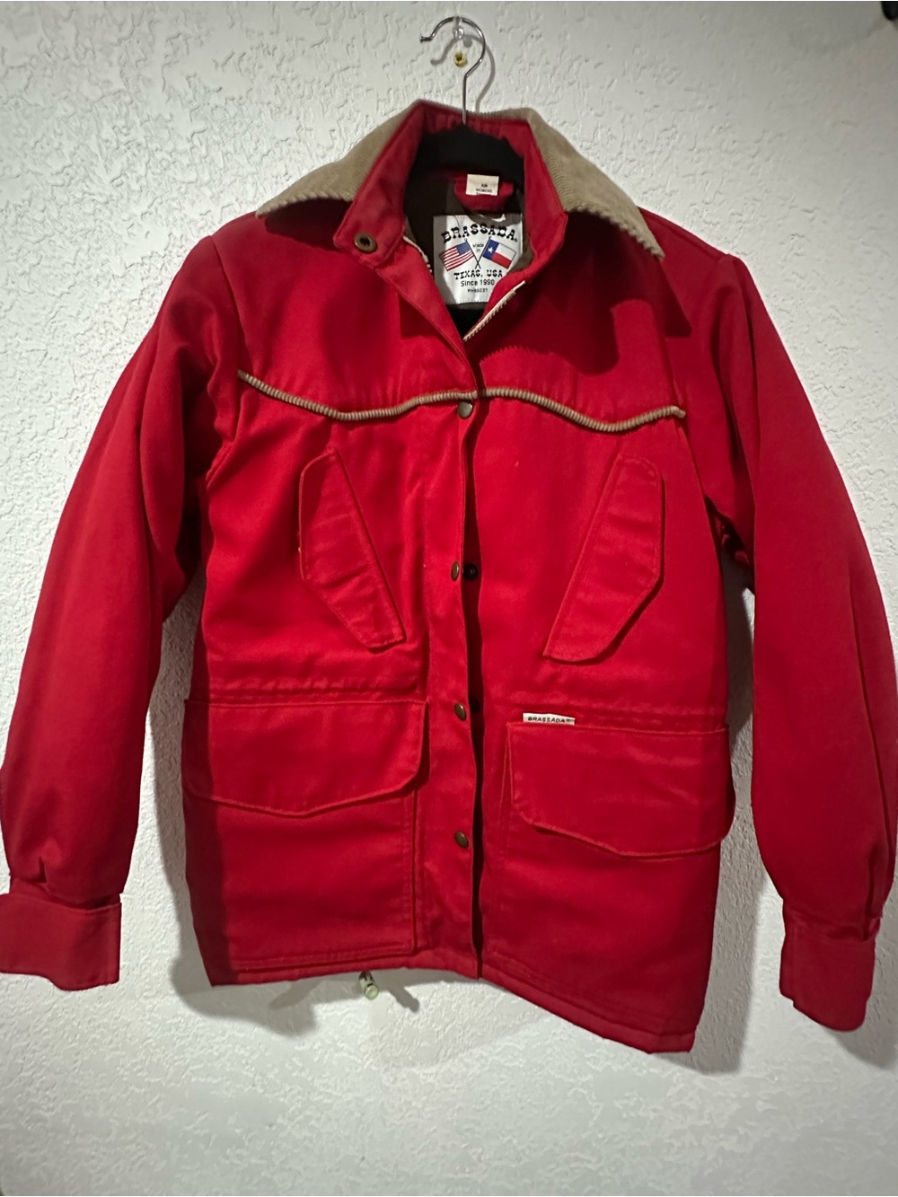 Vintage Brassada women’s Red Utility ranger coat Jacket with Tan Corduroy Collar